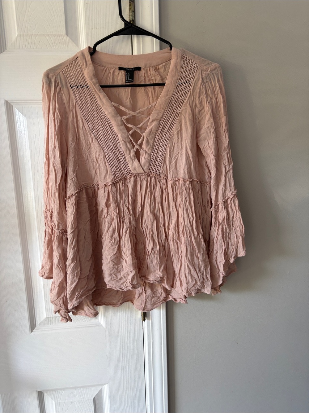 Forever 21 Blush Pink Lace-Up Peasant Blouse